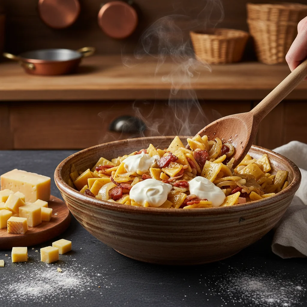 Assemblage de la croziflette : crozets mélangés aux lardons dorés, oignons et crème fraîche dans un saladier