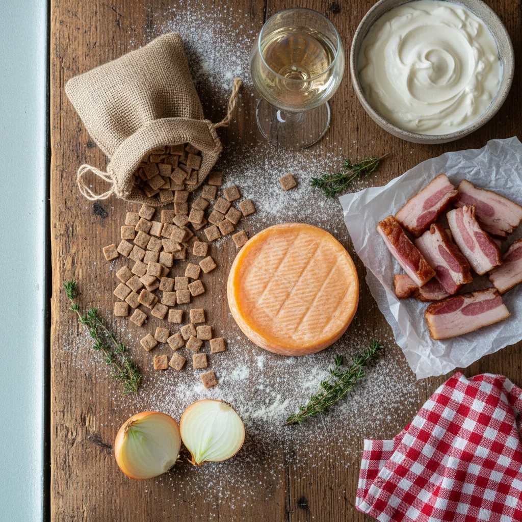Ingrédients de la croziflette : crozets, reblochon AOP, lardons fumés, oignons et crème fraîche disposés sur un plan de travail