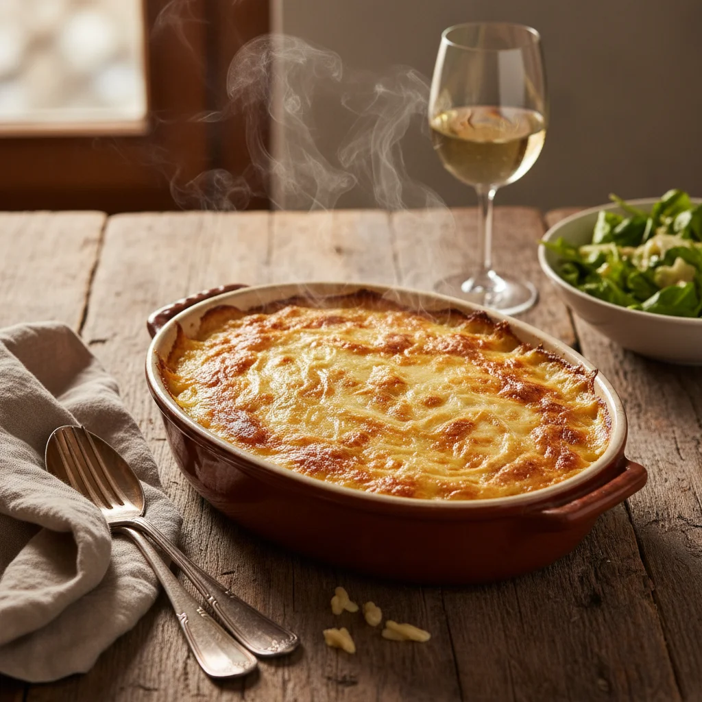 Croziflette traditionnelle sortie du four, reblochon fondu et doré sur un gratin de crozets fumant