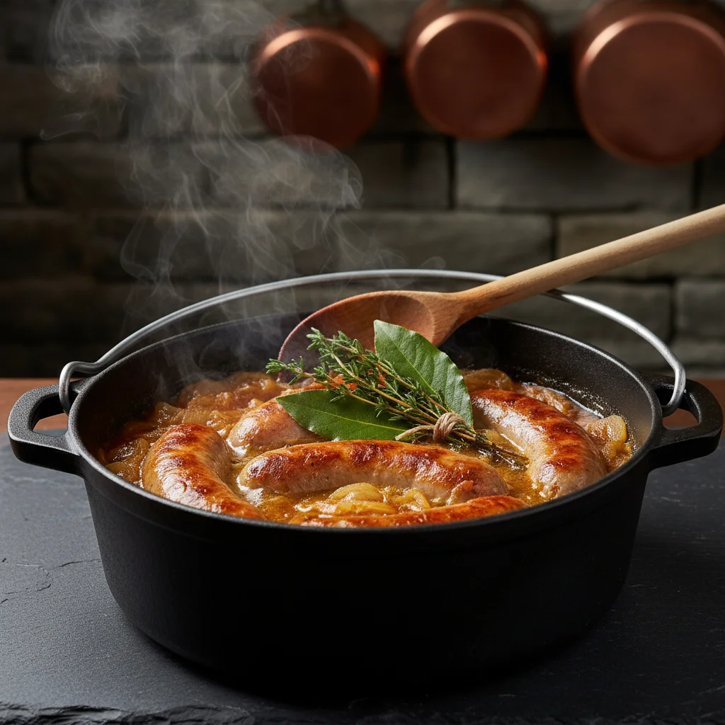 Diots de Savoie en train de mijoter dans la sauce au vin blanc avec oignons fondus et bouquet garni dans une cocotte