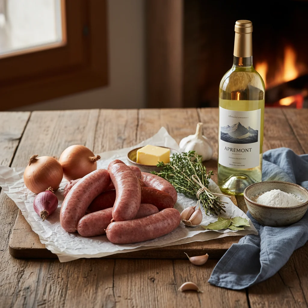 Ingrédients des diots au vin blanc : saucisses de Savoie nature et fumées, oignons, ail, beurre, thym, laurier et bouteille de vin blanc d'Apremont