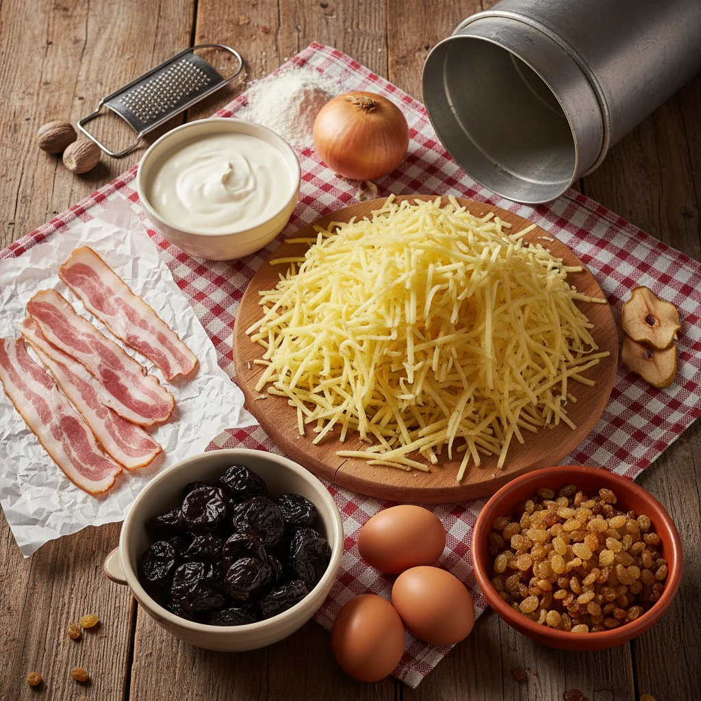 Ingrédients du farcement savoyard : pommes de terre râpées, poitrine fumée, pruneaux, raisins secs, oeufs et crème fraîche