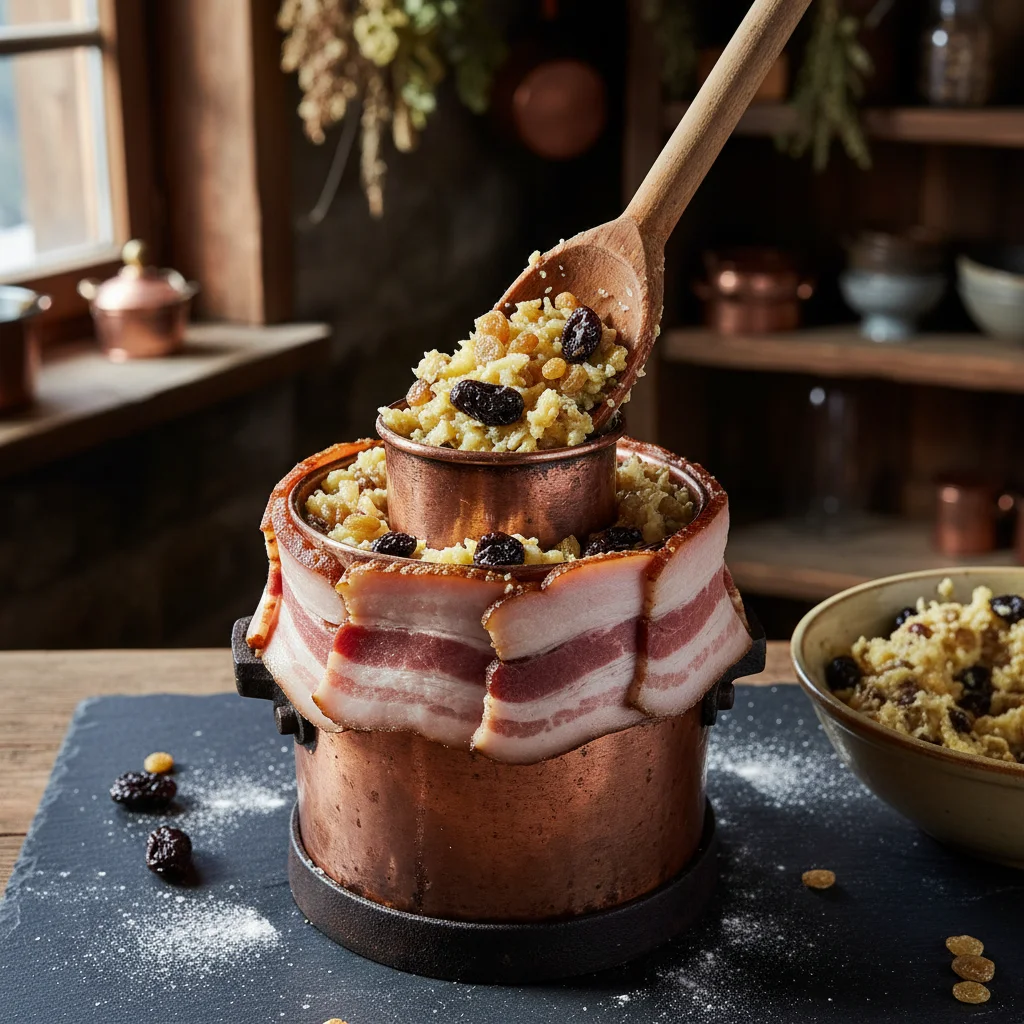 Moule à farcement tapissé de tranches de poitrine fumée et rempli de la préparation aux pommes de terre et fruits secs