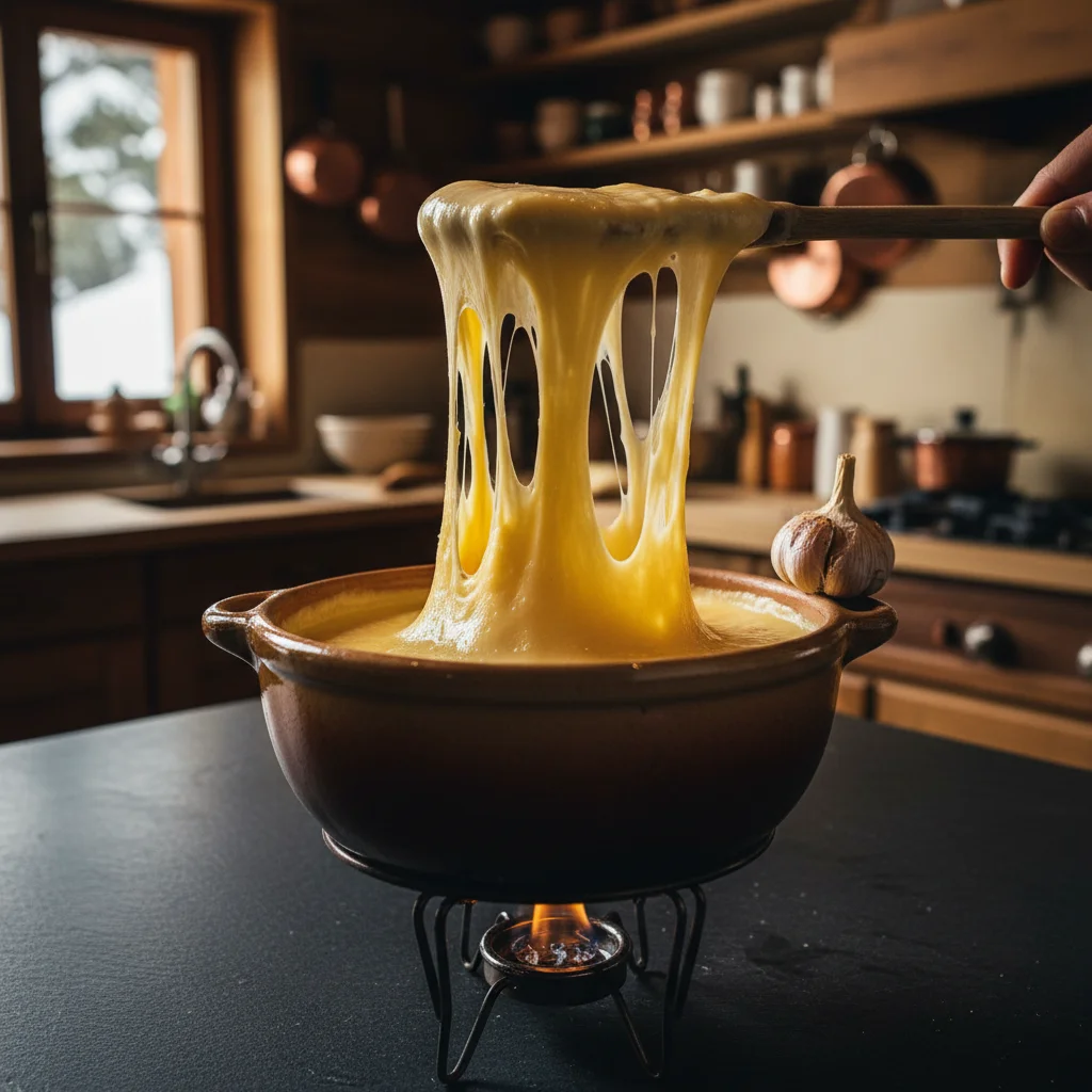 Fromage fondu dans le caquelon, mélange onctueux et filant remué en huit avec une cuillère en bois