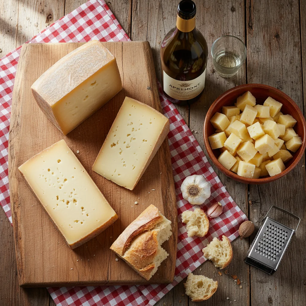 Ingrédients de la fondue savoyarde : Beaufort, Comté et Emmental de Savoie en cubes, vin blanc d'Apremont, ail et pain de campagne