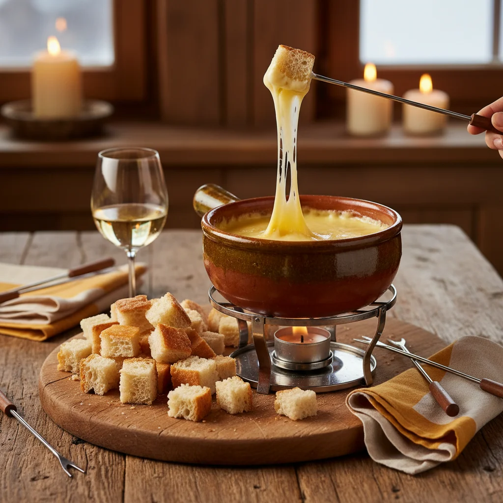 Fondue savoyarde traditionnelle servie dans un caquelon en terre cuite, fromage filant et morceaux de pain de campagne