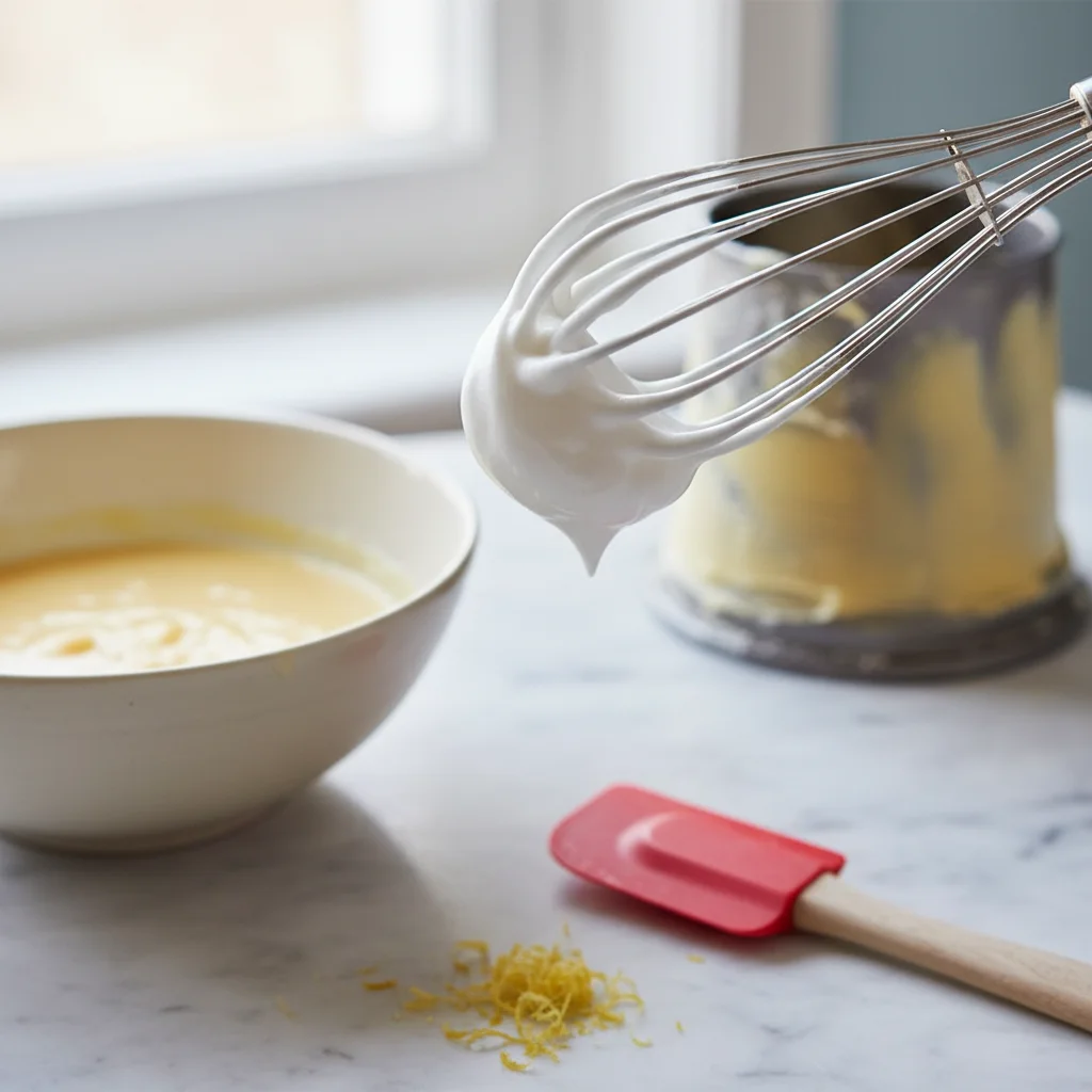 Blancs d'oeufs montés en neige ferme formant un bec d'oiseau, prêts à être incorporés à la pâte du gâteau de Savoie