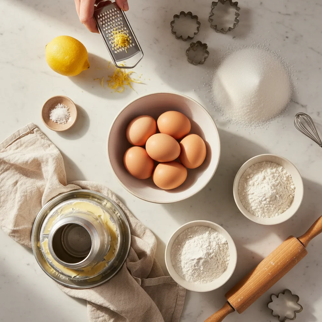 Ingrédients du gâteau de Savoie : oeufs, sucre, farine, fécule de maïs, citron bio et moule à cheminée beurré et sucré