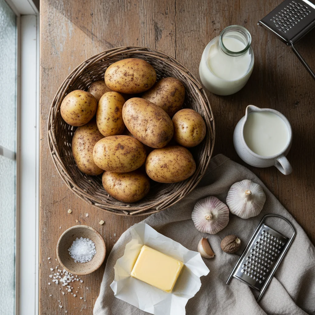 Ingrédients du gratin dauphinois : pommes de terre à chair ferme, lait entier, crème liquide, ail, noix de muscade et beurre