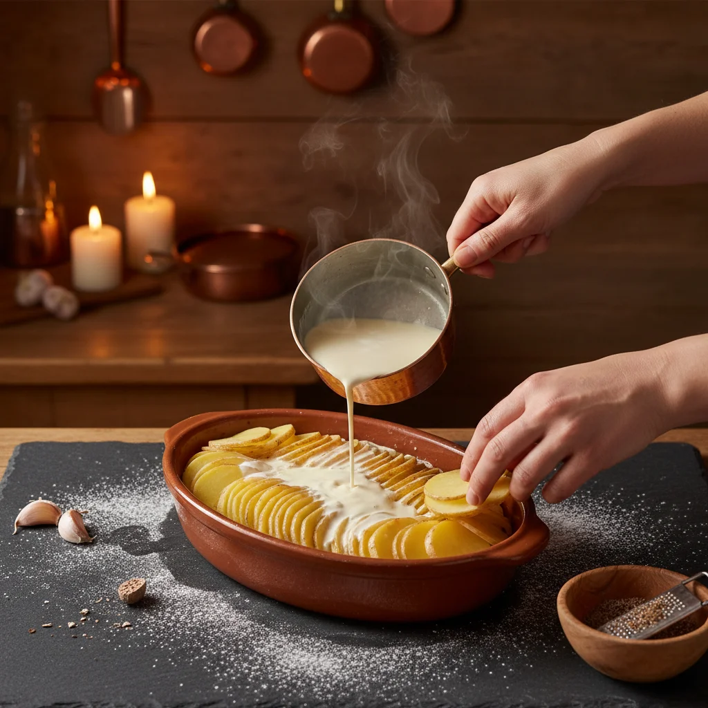 Montage du gratin dauphinois : couches de rondelles de pommes de terre disposées dans un plat beurré avec l'appareil crème-lait