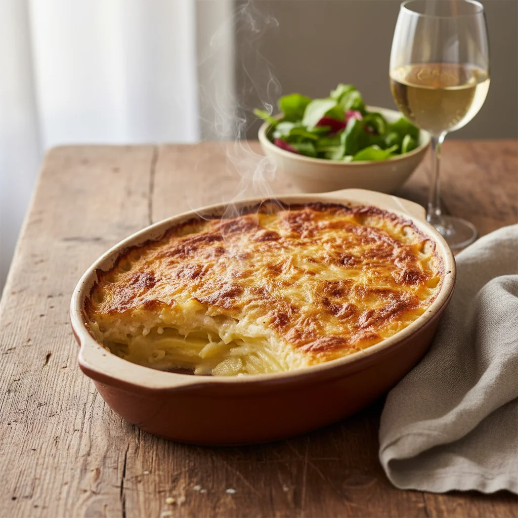 Gratin dauphinois traditionnel doré et crémeux, sorti du four, surface croustillante et pommes de terre fondantes