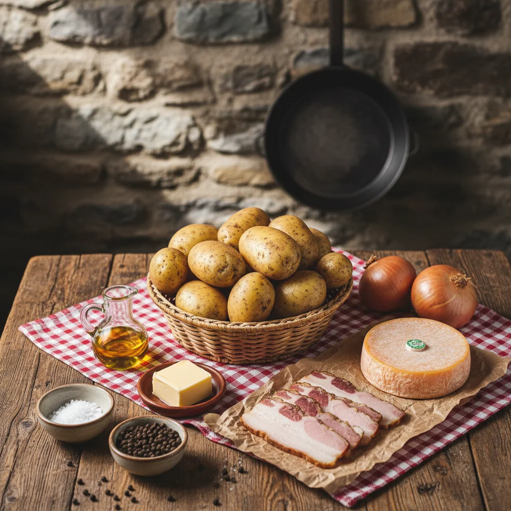 Ingrédients de la pela savoyard : pommes de terre à chair ferme, reblochon fermier, oignons, lard fumé et beurre