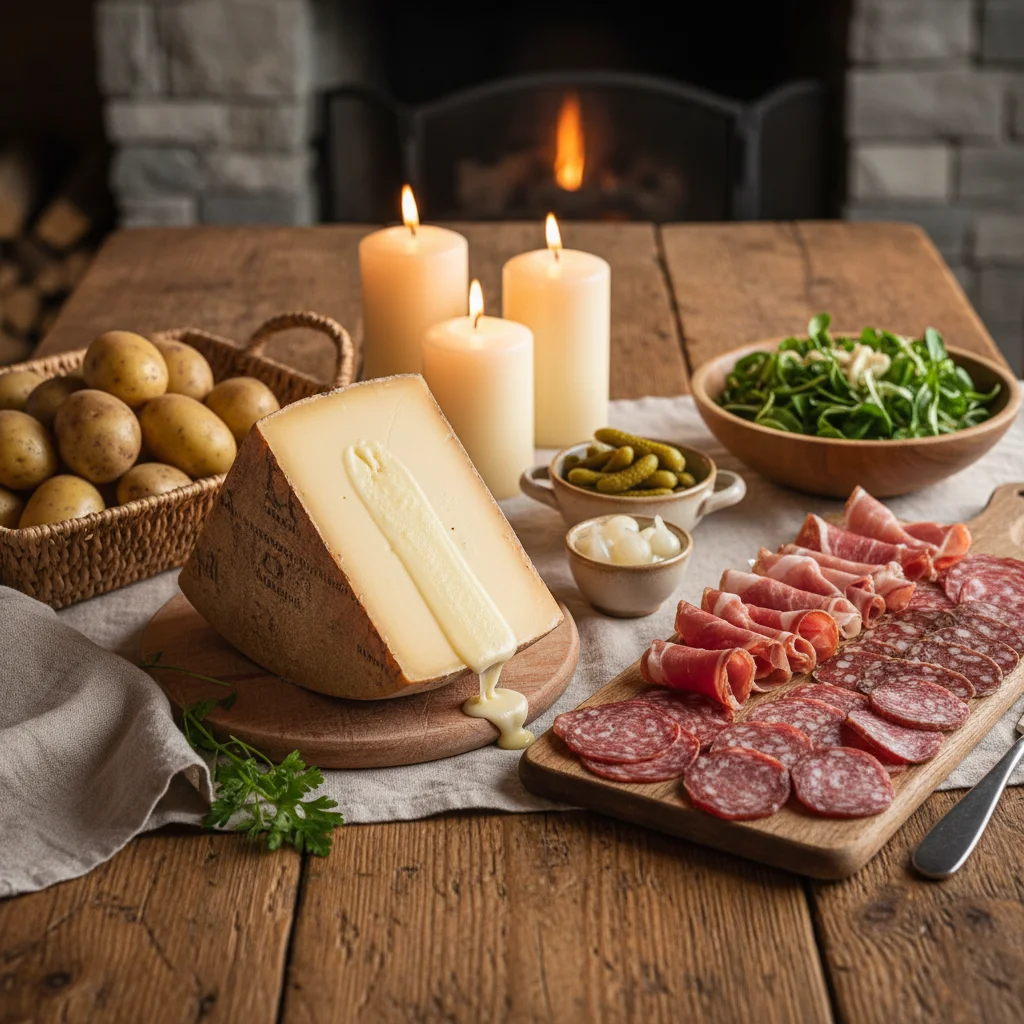 Ingrédients de la raclette : fromage à raclette de Savoie IGP, pommes de terre, charcuterie savoyarde, cornichons et petits oignons