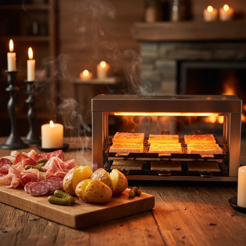 Plateau de raclette dressé avec tranches de fromage, charcuterie savoyarde disposée et pommes de terre en robe des champs